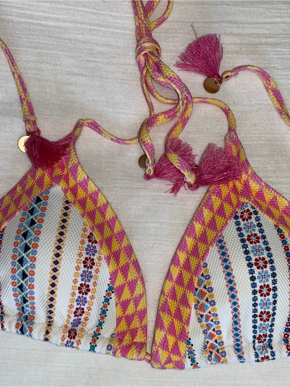 Jessica Simpson Pink Yellow White Patterned Bikini